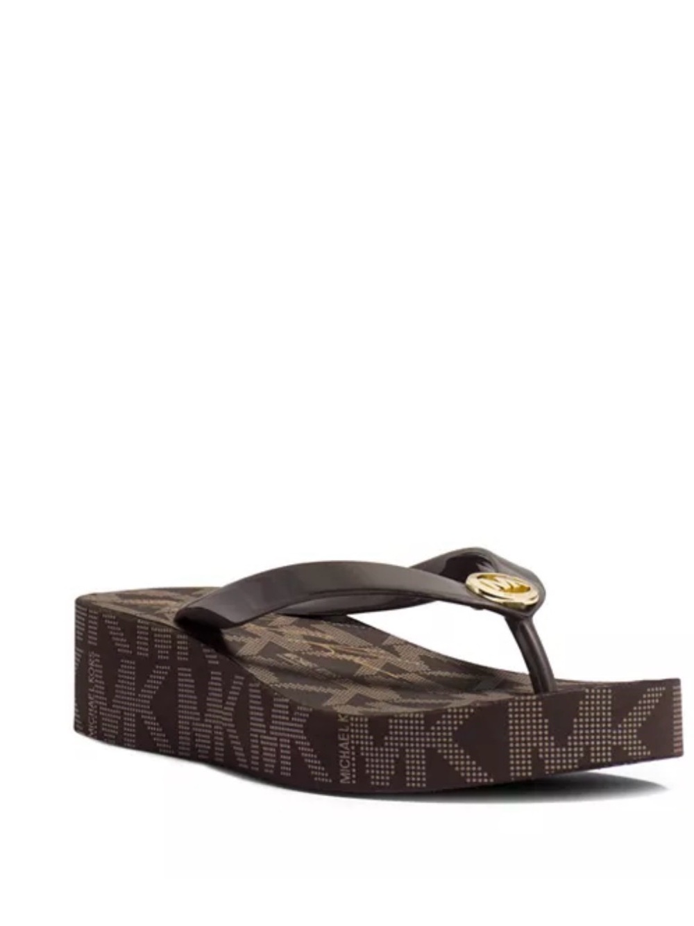 Michael Kors Brown MK Logo Platform Thong Sandal with Gold Accent